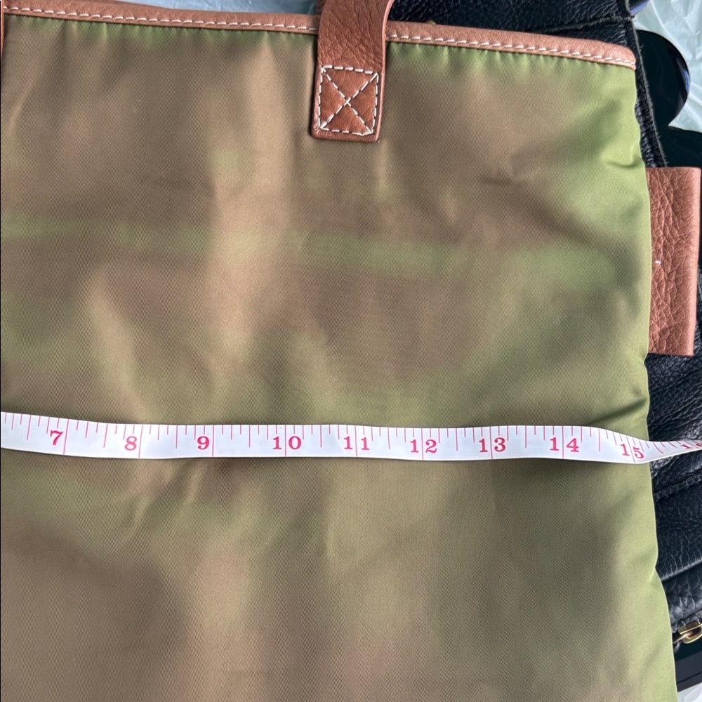 COCCINELLE BRAND MADE IN ITALY OLIVE GREEN AND BROWN SATIN LIKE CANVAS TOTE BAG - Picture 10 of 12